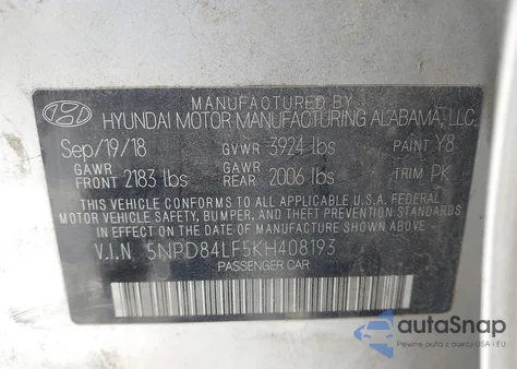 2019 Hyundai Elantra Sel from USA, damaged, VIN 5NPD84LF5KH408193